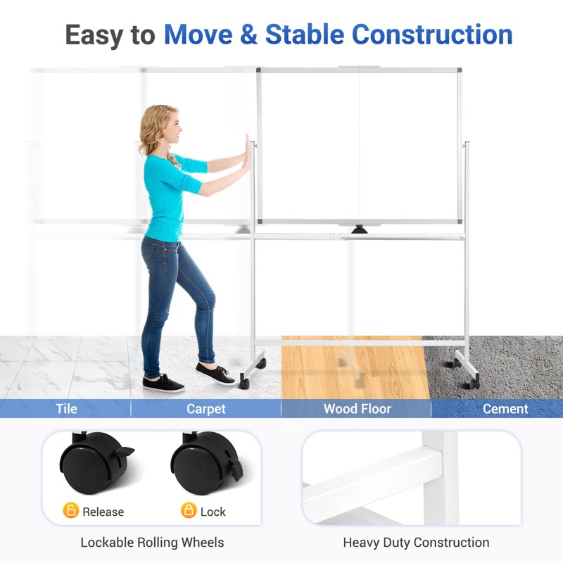 Large Double-Sided Mobile Whiteboard with Wheels, 48x36 Inches - Office & Classroom