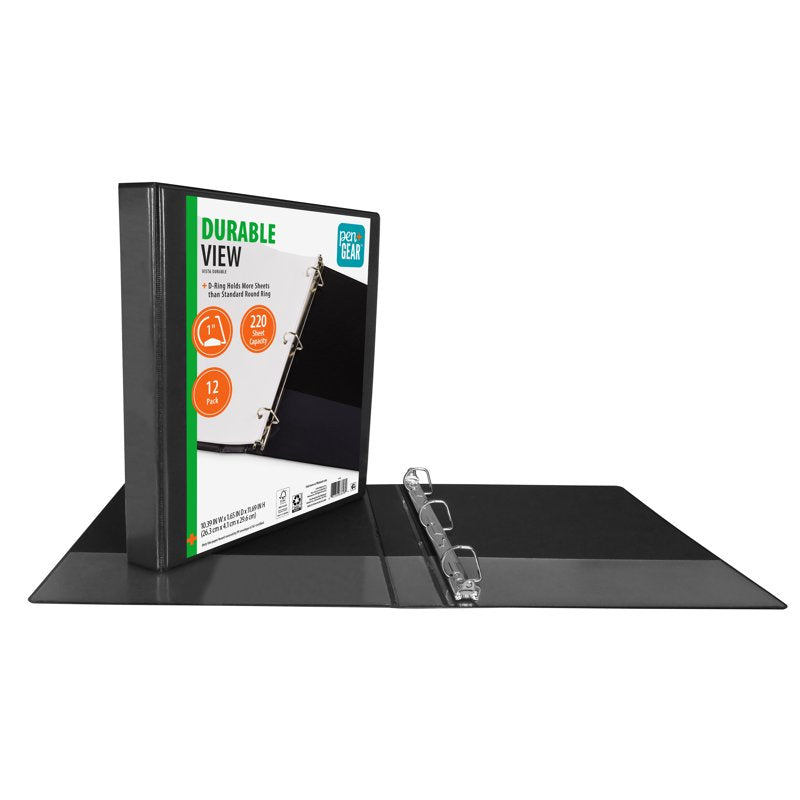 1-Inch Durable Binder with Slanted D-Rings, Black - 12 Pack
