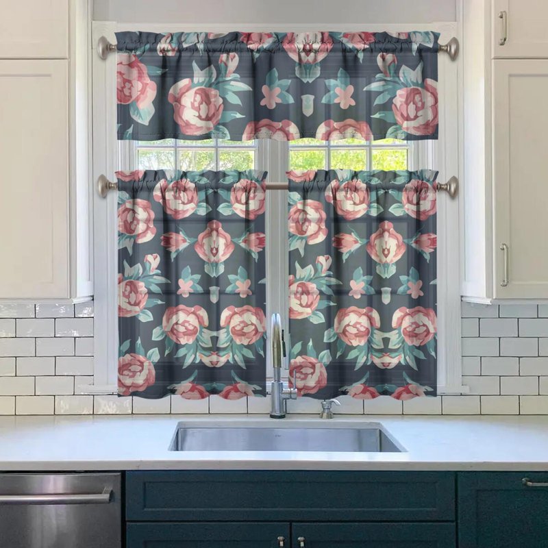 Kitchen Curtains and Valance Set 3 Pieces Vintage Rose Window Treatment