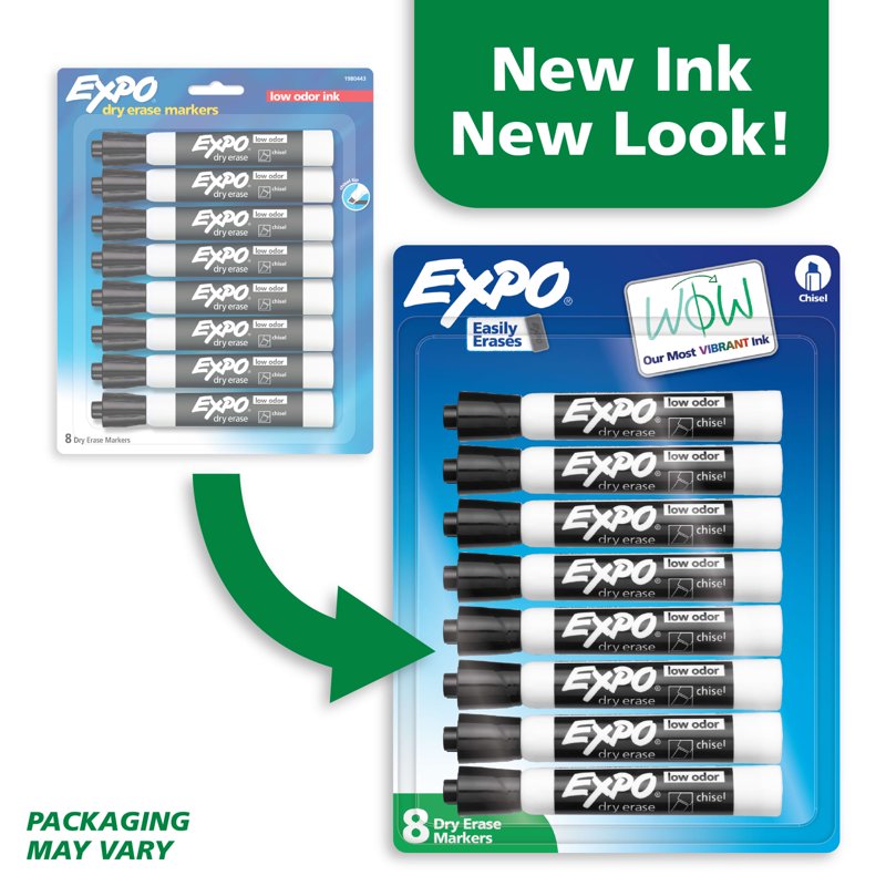 Dry Erase Markers with Chisel Tip - Black, 8 Pack for Whiteboards & Surfaces