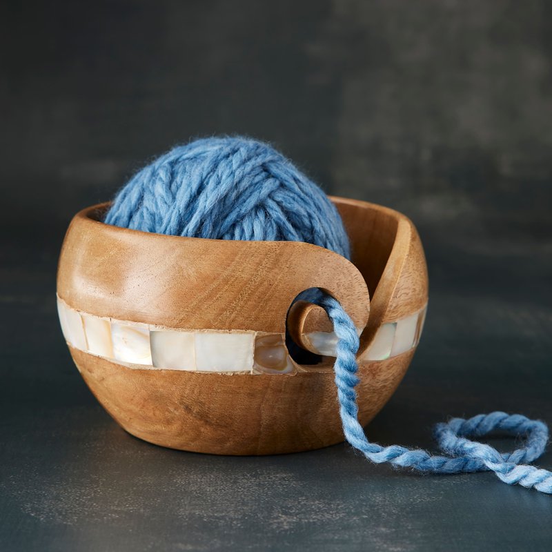 Wood Yarn Bowl with Mother of Pearl for Knitting Crochet & Weaving