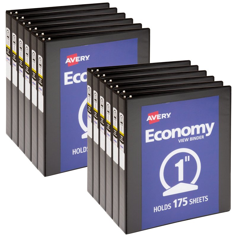 3-Ring View Binder, 1 Inch Capacity, Black, Pack of 12 - Office Organization