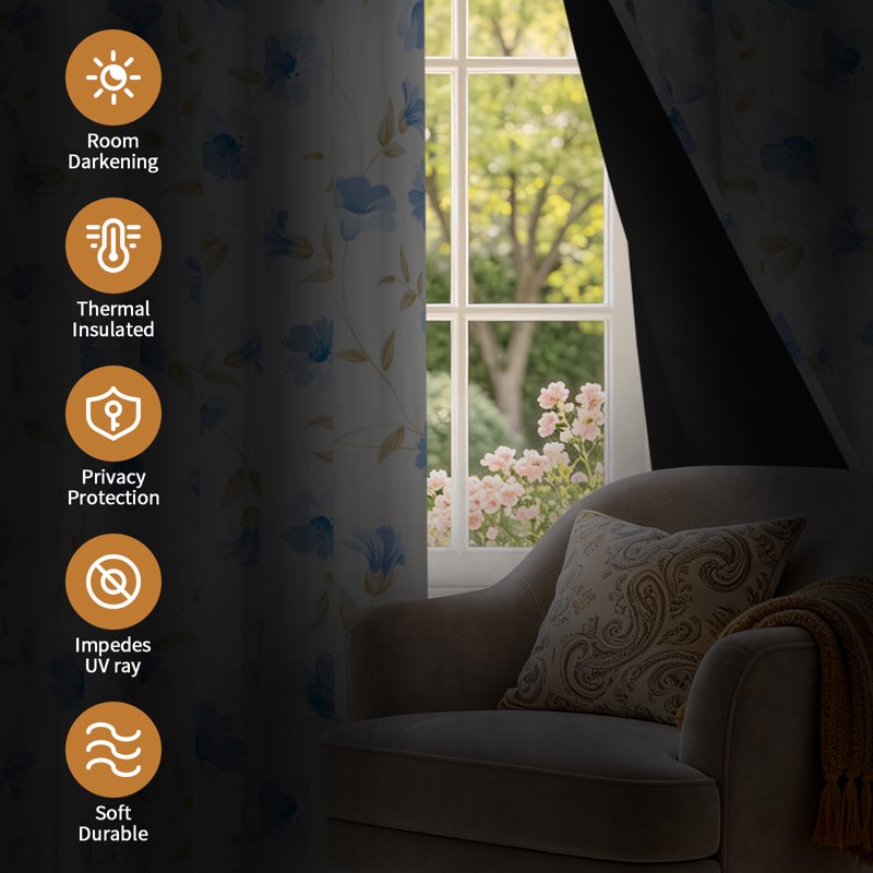 Blackout Curtains with Thermal Insulation and Floral Pattern - Multiple Sizes