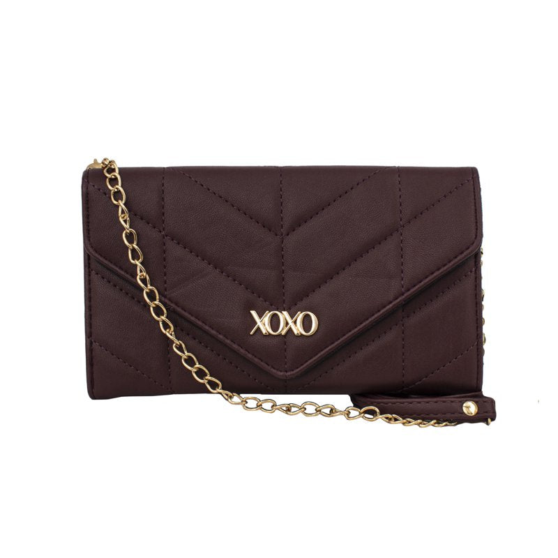 Women's Vegan Leather Quilted Fold Wallet with Crossbody Chain - Wine