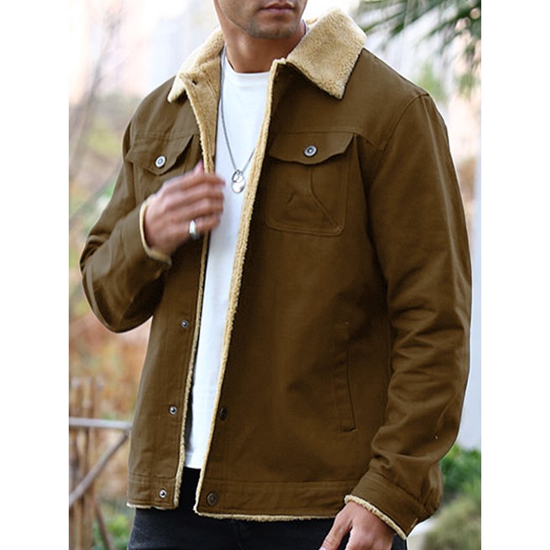 Men's Winter Trucker Jacket - Thick Thermal Fleece Lined Coat with Flap Pockets, Brown, 2XL