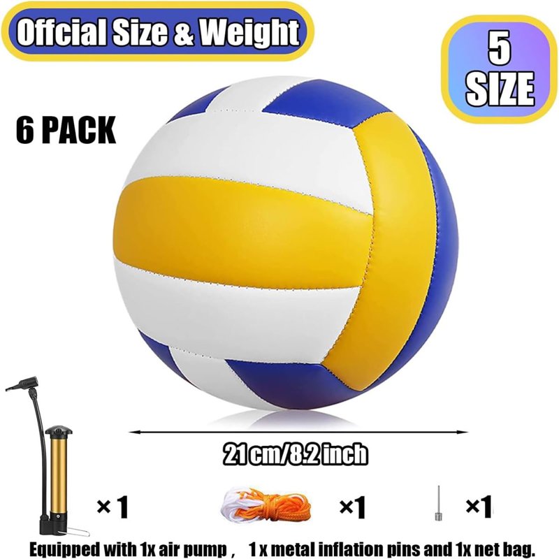 6 Pack Official Size Volleyballs with Pump - Indoor & Outdoor Play Set