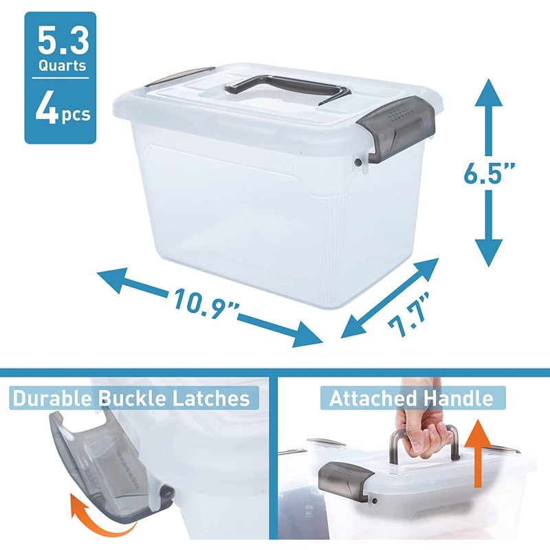 Stackable Storage Bins with Lids & Handles, 5.3 Qt. - 4 Pack Clear Organizers for Kids and Home