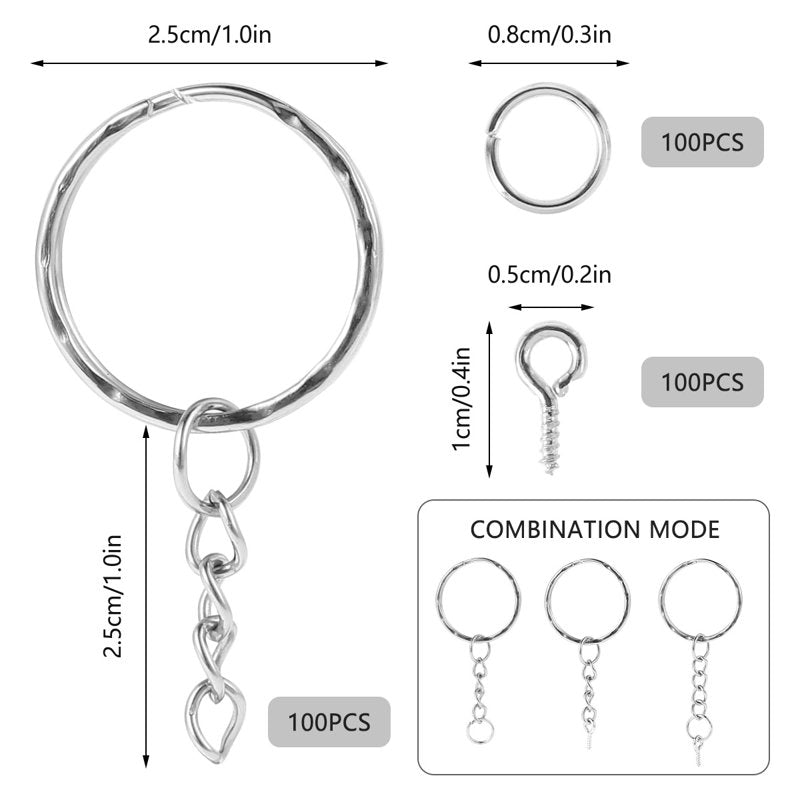 Silver Keychain Rings with Chains 25mm Set for Jewelry & Craft DIY