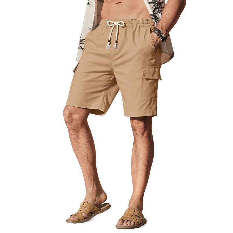 Men's Linen Cargo Shorts Elastic Waist Drawstring Summer Beach Pants with Pockets