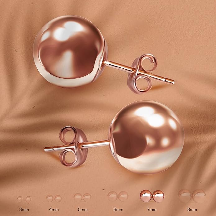 Premium 14K Rose Gold Ball Stud Earrings for Women - Hypoallergenic, Classic Jewelry