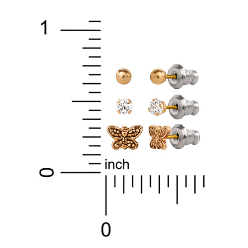 Women’s 14K Gold CZ, Ball & Butterfly Stud Earring Set - Hypoallergenic