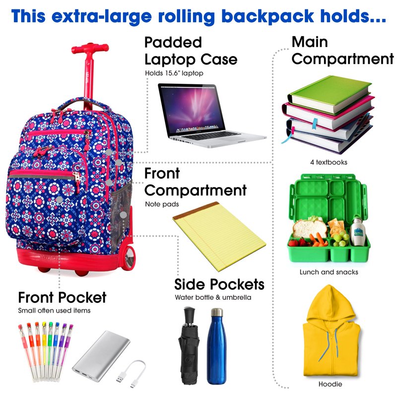 Girls & Women's 20-Inch Rolling Backpack with Laptop Sleeve for School Travel