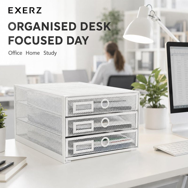 Wire Mesh Desk Organizer with 3 Drawers - Office Storage Solution
