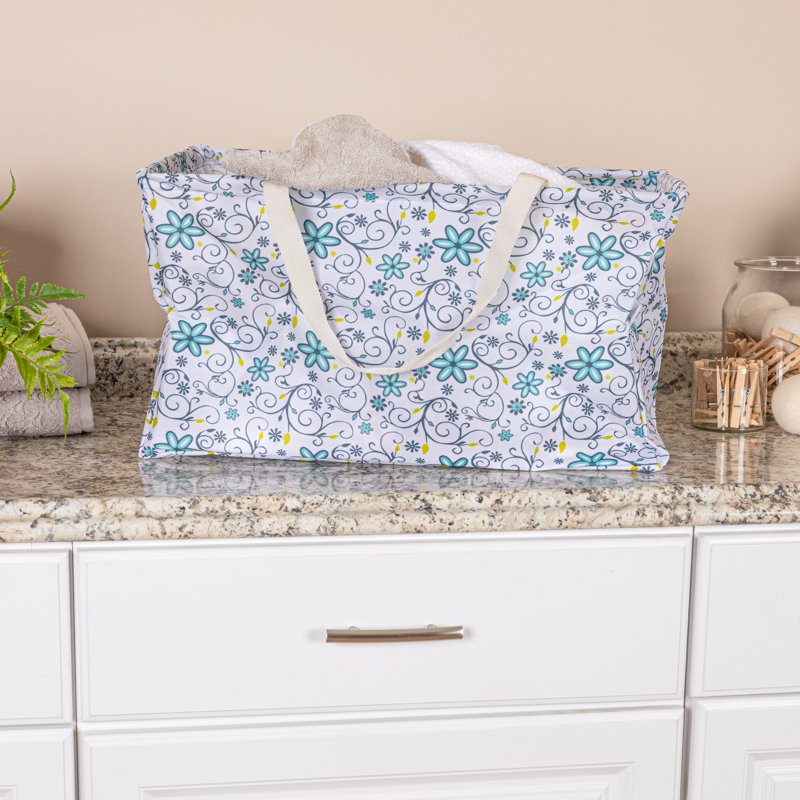 Water-Resistant Canvas Utility Tote with Handles - Floral Pattern, Large Storage Bag
