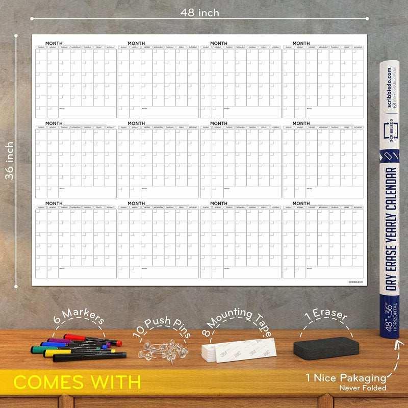 Large 36x48 Inch Dry Erase Wall Calendar - 12 Month Planner with Markers & Mounting Kit