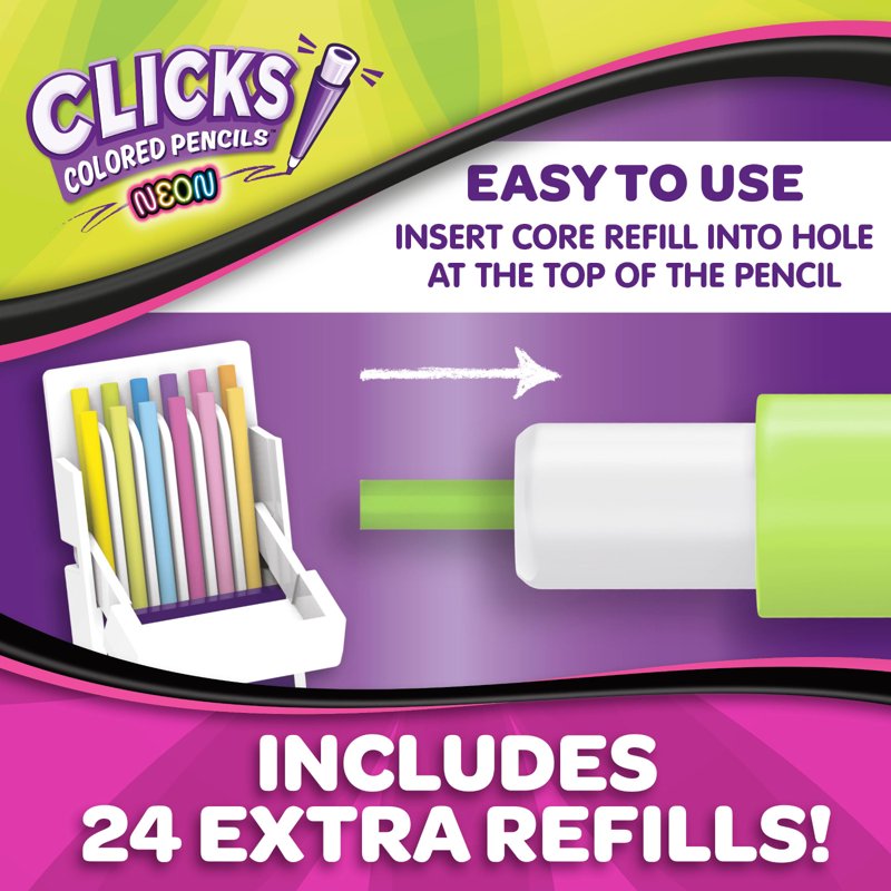 Crayola Clicks Neon Retractable Color Pencils - 12 Pencils, Neon Set