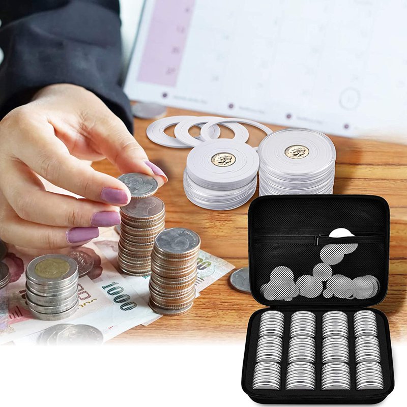 Coin Collection Storage Case with 96 Coin Capsules and Foam Gaskets - White