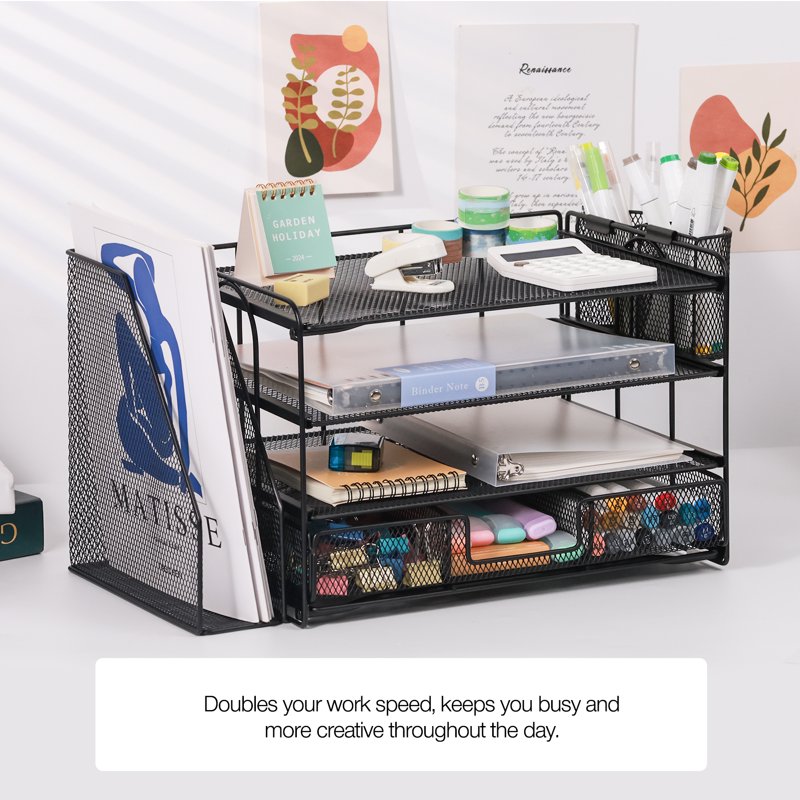 Multi-Tier Desk Organizer with File Drawers and Pen Holders - Office Storage Solution