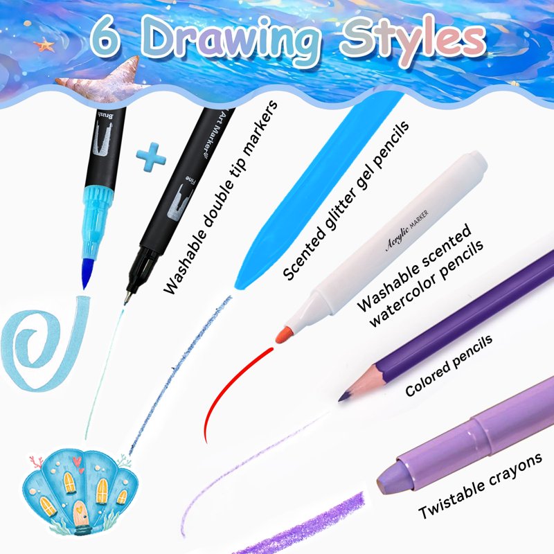 Kids Mermaid Art Set with Washable Markers and Stickers - Creative Craft Kit for Ages 3-12