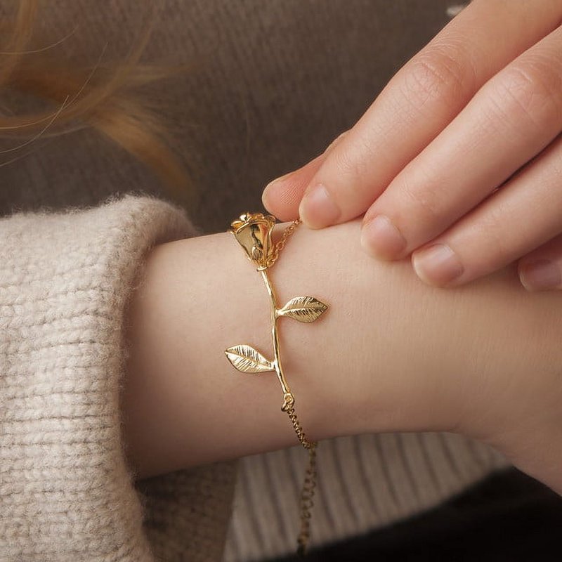 Gold Brass Rose Flower Bracelet Jewelry for Women - Valentine's Day Gift Set