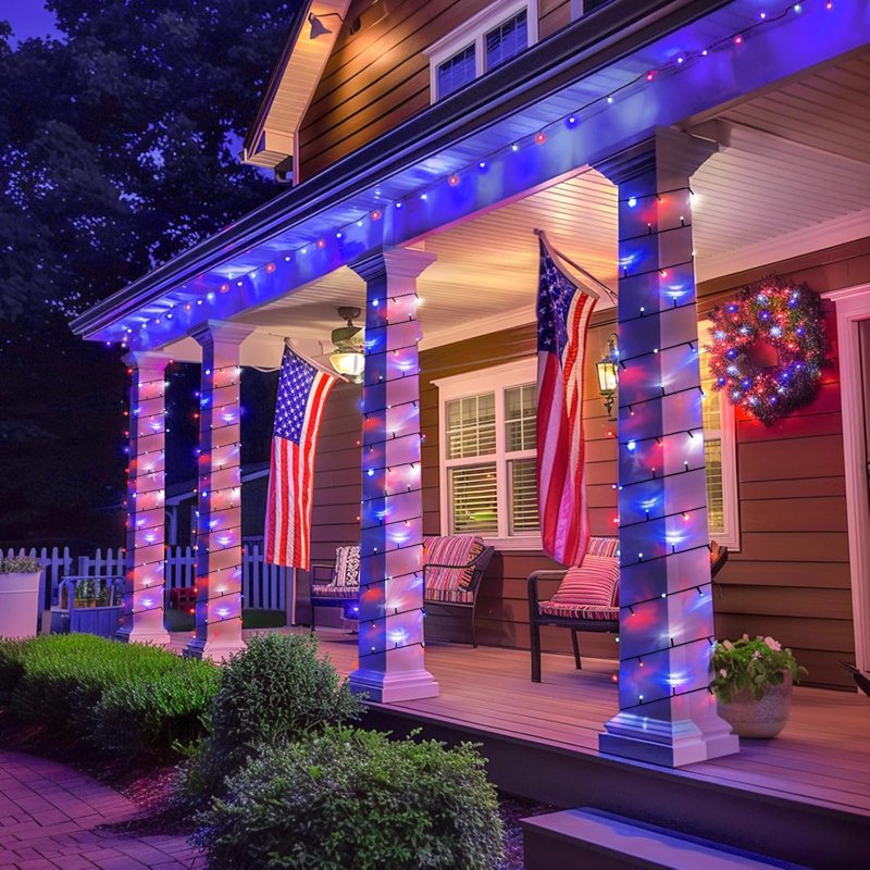 Red White and Blue Solar Lights 200LED 75.5ft Patriot String Lights, 8 Modes, Waterproof