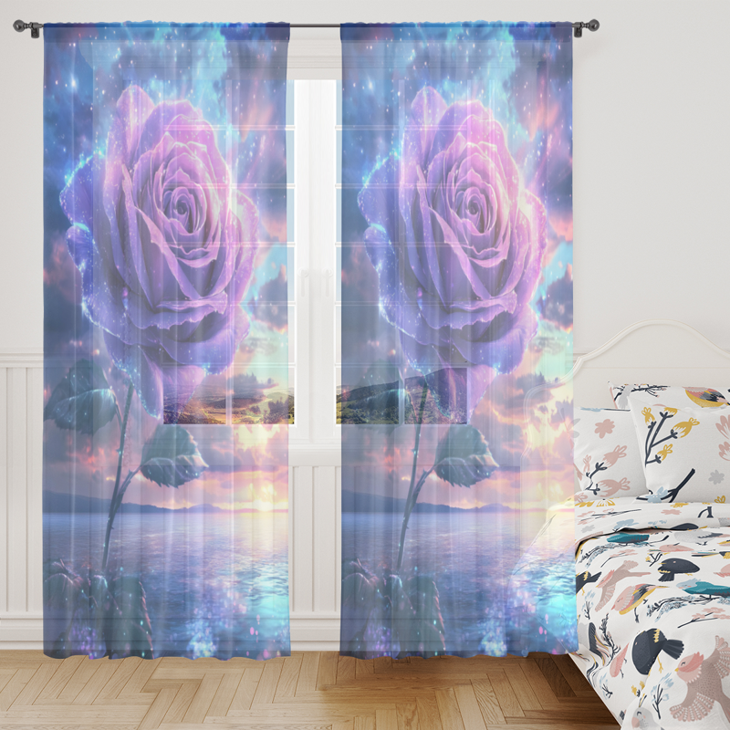 Purple and Ocean Sheer Curtains 84 Inch Long, 2 Panels, Light Filtering Window Drapes
