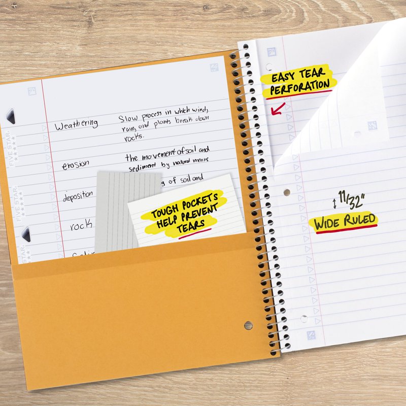 5 Subject Spiral Notebook with Study App, Wide Ruled, 8x10.5 Inches, Fire Red