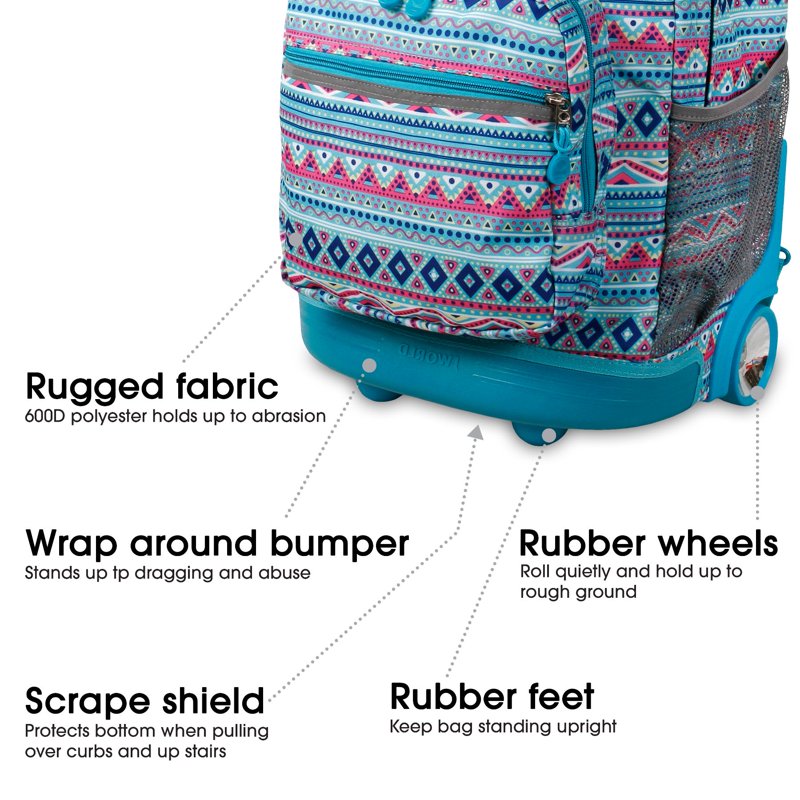 Girls 18-Inch Rolling Backpack for School and Travel - Mint Tribal Pattern
