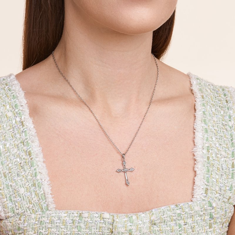 Silver Cross Pendant Necklace with Diamond Accent - 18 Inch