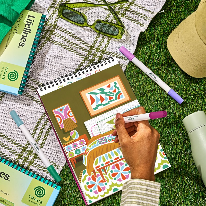 FlowArt Trace-to-Doodle Guided Art Activity Kit with Markers for Stress Relief & Home Décor