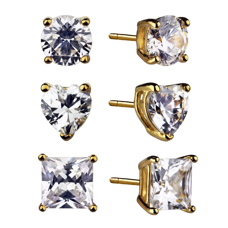 Multi Shape Simulated Diamond Earring Set in 14K Gold Plated Sterling Silver - 3 Pairs