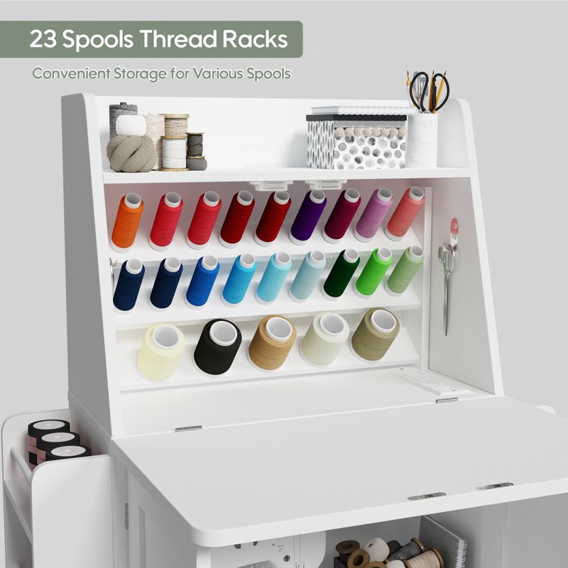 Sewing Table & Storage Cabinet with Power Outlets, Spool Racks, Lockable Wheels