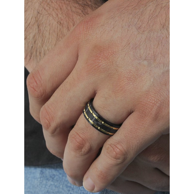 Men's Black Tungsten Wedding Band with Carbon Fiber Inlay & Grooved Accents
