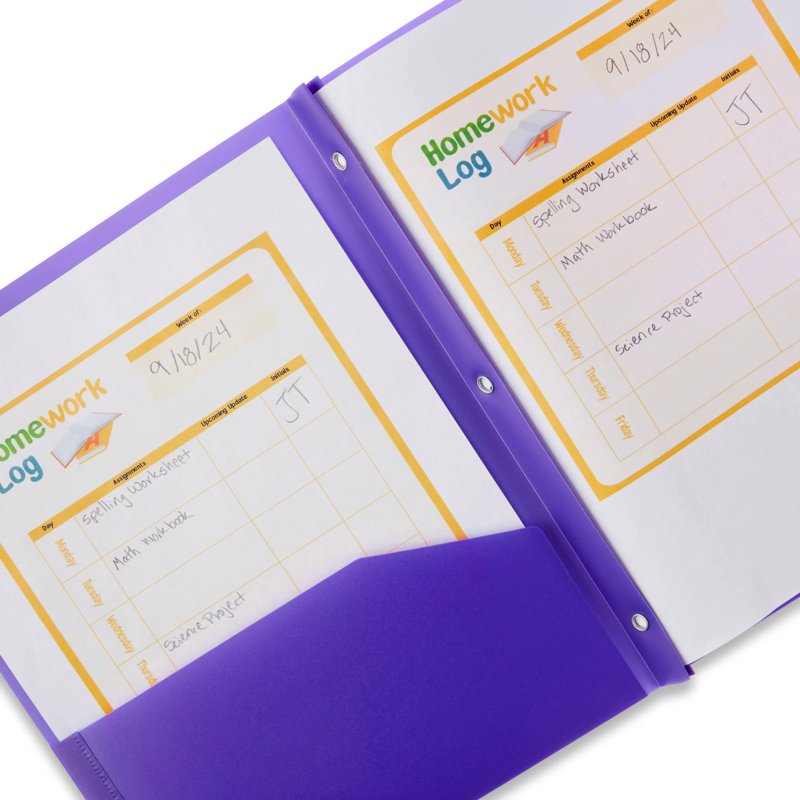 Pocket Folders with Brads, 2-Pocket Plastic Folder with 3-Hole Prong, Purple
