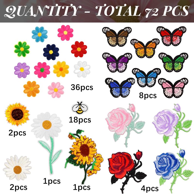 Embroidered Iron-On Patches Set for Clothes and DIY Crafts - 72 Pieces