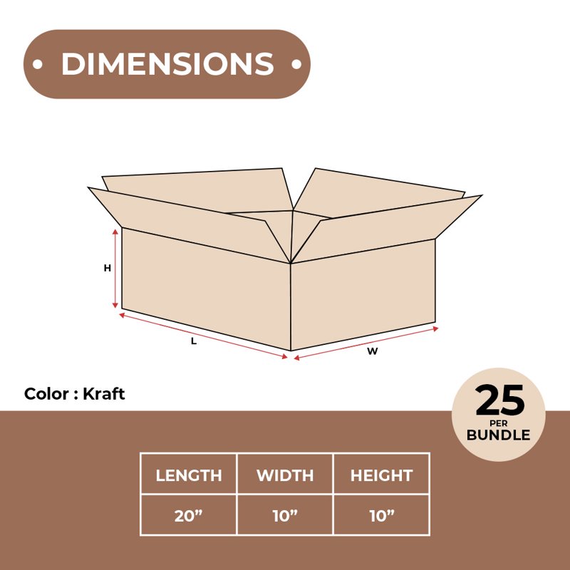 Kraft Corrugated Shipping Boxes 20x10x10 Inches ECT-32, 25 Pack
