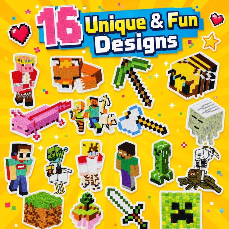 16 Pcs Pixel Style Iron-On Embroidered Patches for Jackets Bags Hats DIY Craft