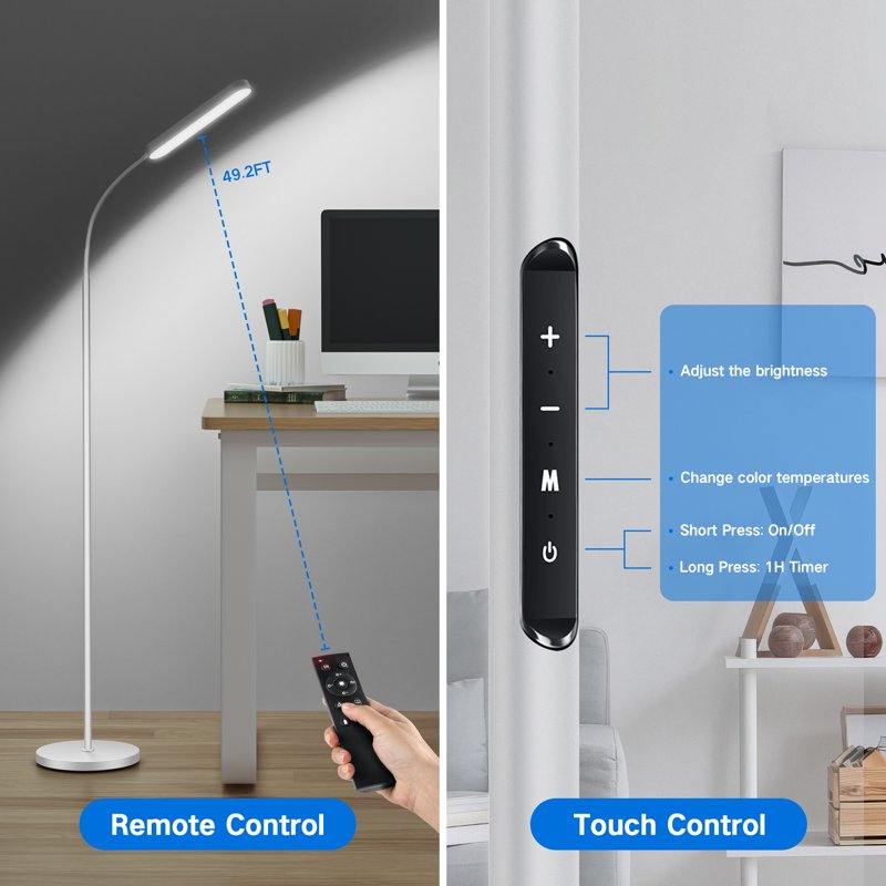Adjustable LED Floor Lamp with Remote & Touch Control, 4 Color Temps - Silver