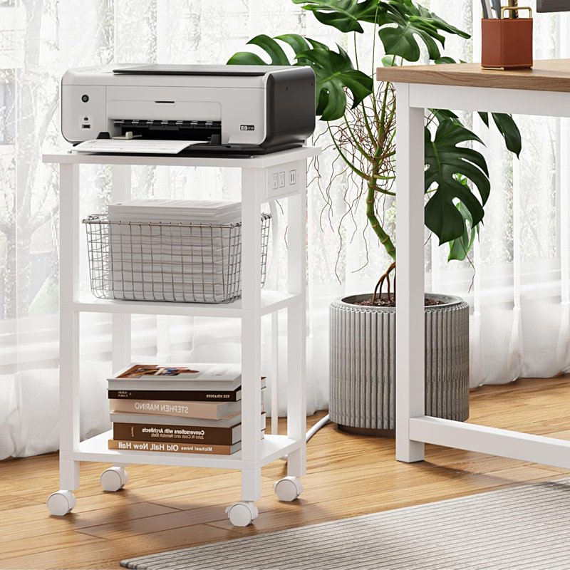 3 Tier Printer Stand with Wheels & Power Outlets - Mobile Office Storage