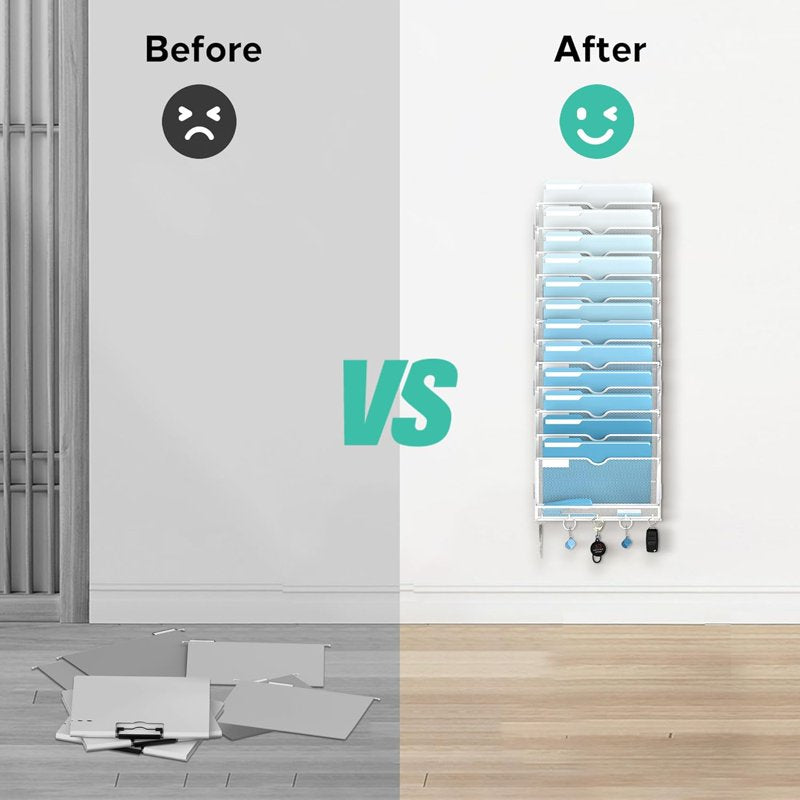 13-Tier Metal Wall File Organizer with Hooks - Office Paper & Magazine Storage