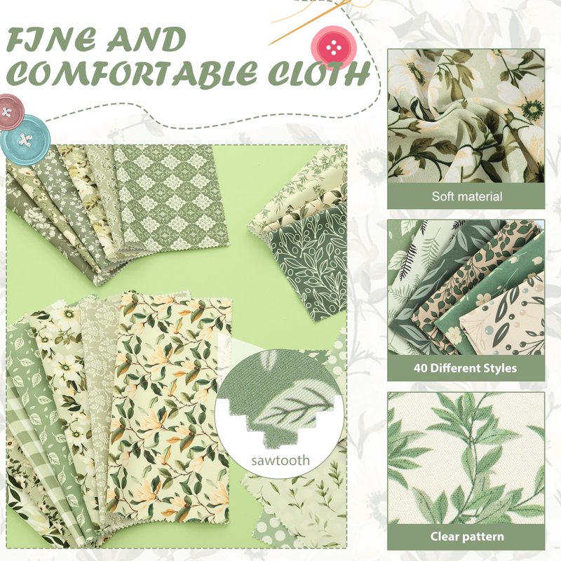 40 Pcs Sage Green Floral Cotton Fabric Squares for Quilting Sewing Crafts