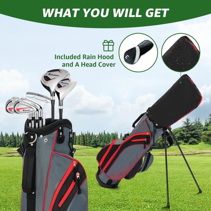 XDriveMax 8-Piece Right-Hand Golf Club Set for Men - Wood, Hybrid, Irons, Putter & Stand Bag (White) - Beginner Friendly