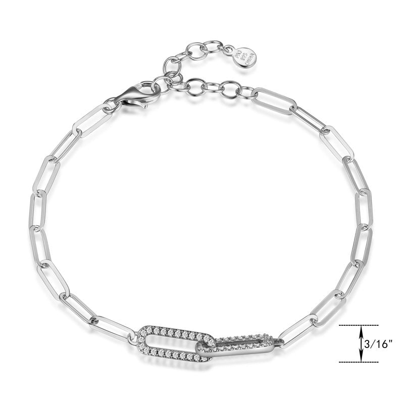 Sterling Silver CZ Oval Link Paperclip Bracelet Set - 6.75" + 1.25" Extender
