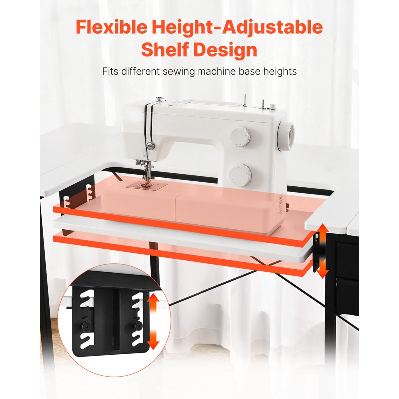 Multipurpose Sewing Table with Drawers and Foldable Side Shelf - Adjustable Home & Studio Workstation