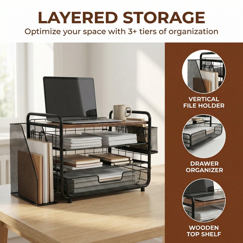 4-Tier Metal Desk Organizer with Drawers Pen Holder and File Rack