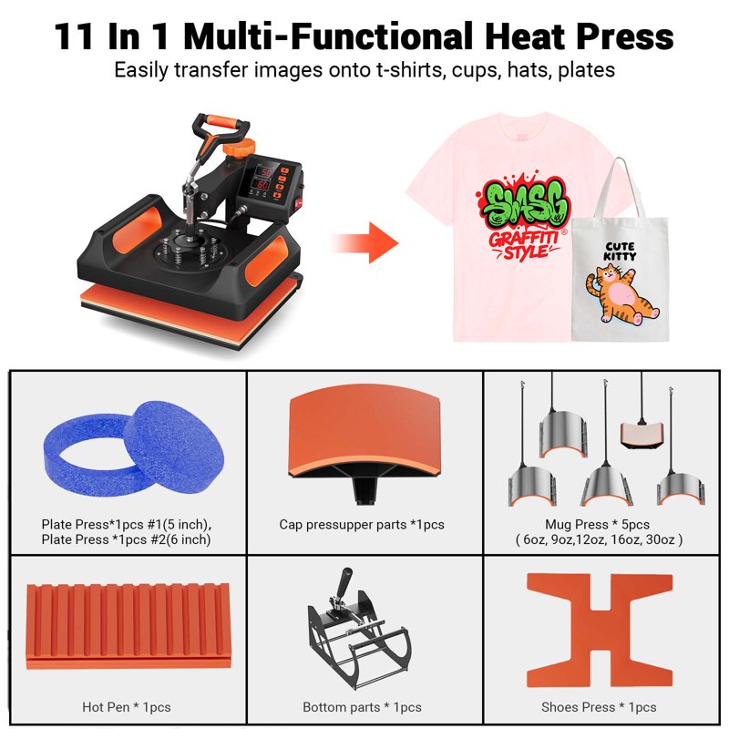 11-in-1 Heat Press Machine for T-Shirts Mugs Hats with Digital LCD