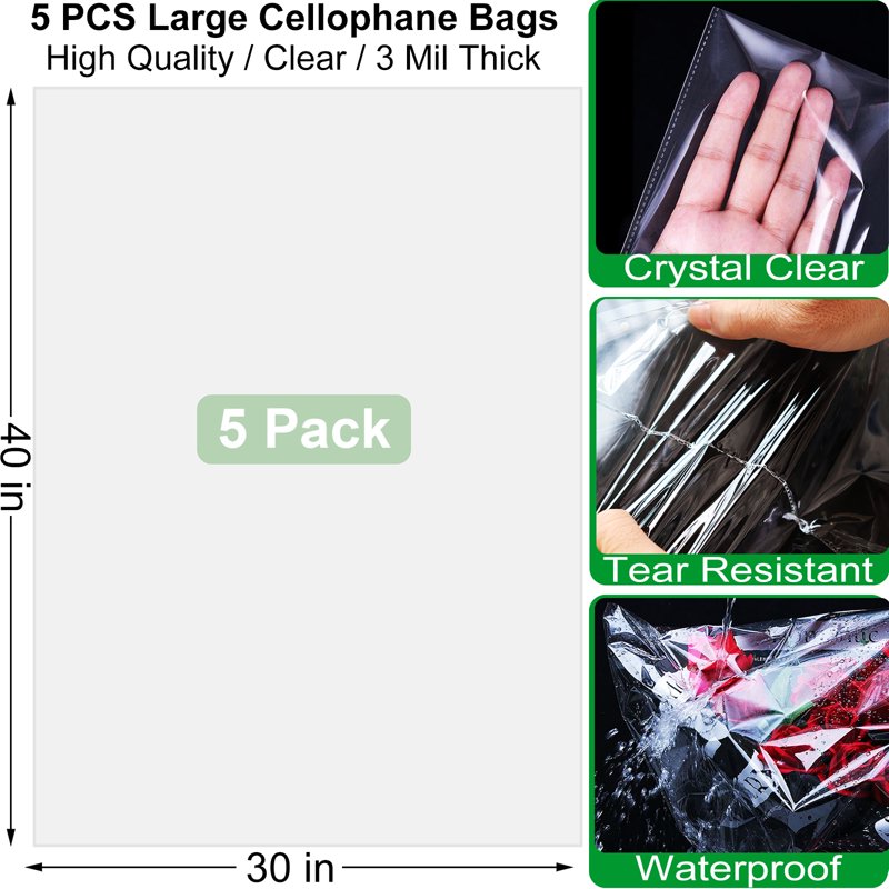 Large Clear Cellophane Gift Bags 30x40 Inch - Bulk Pack of 5 Heavy Duty Wraps for Baskets & Party Favors