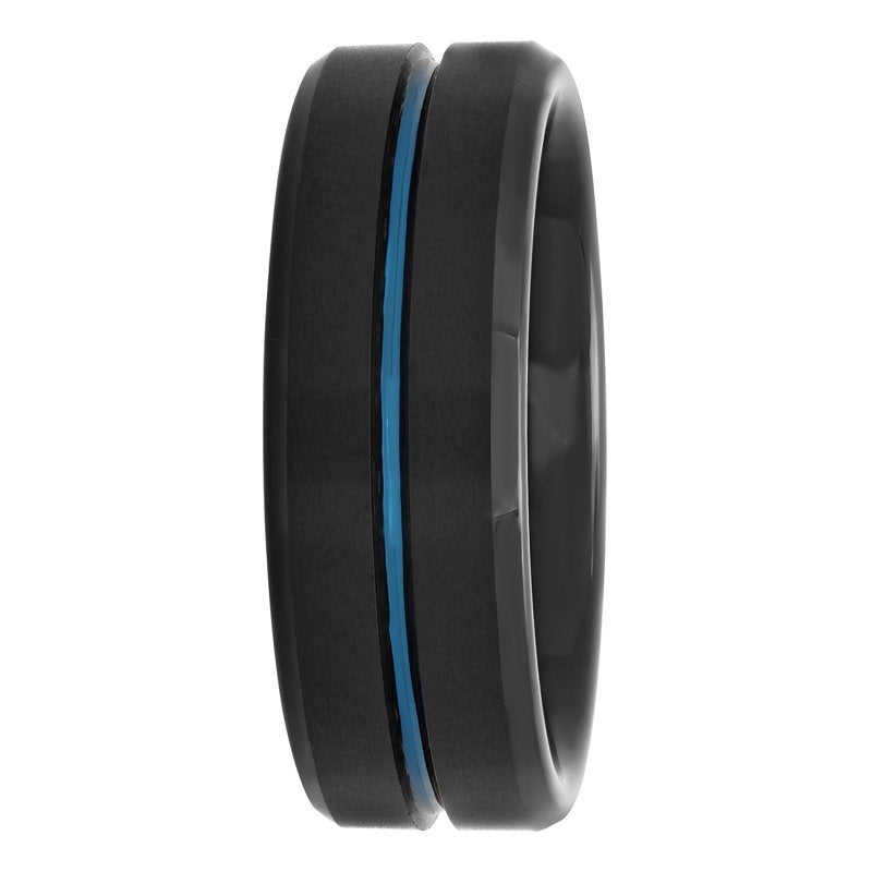 Men's Tungsten Wedding Band 8mm Grooved Comfort Fit Black & Blue Ring