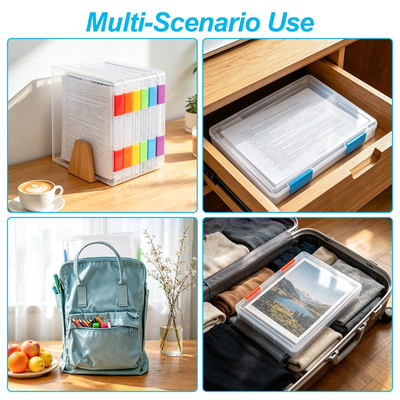6 Pack A4 Plastic File Storage Boxes with Labels & Buckles - Clear Office & School Document Organizer