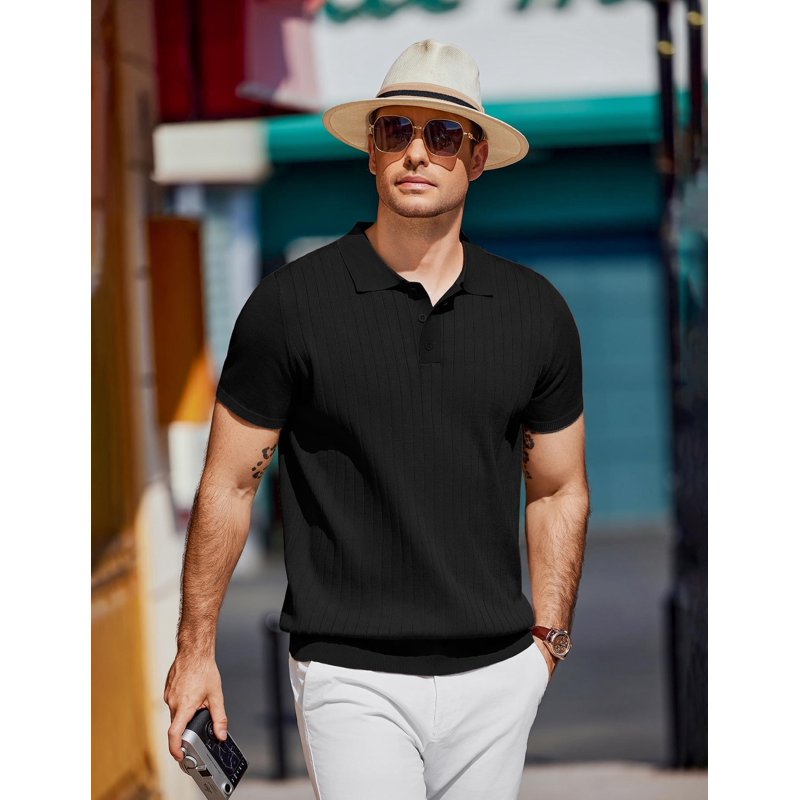 Men's Ribbed Knit Polo Shirt Short Sleeve Casual Golf Business Wear